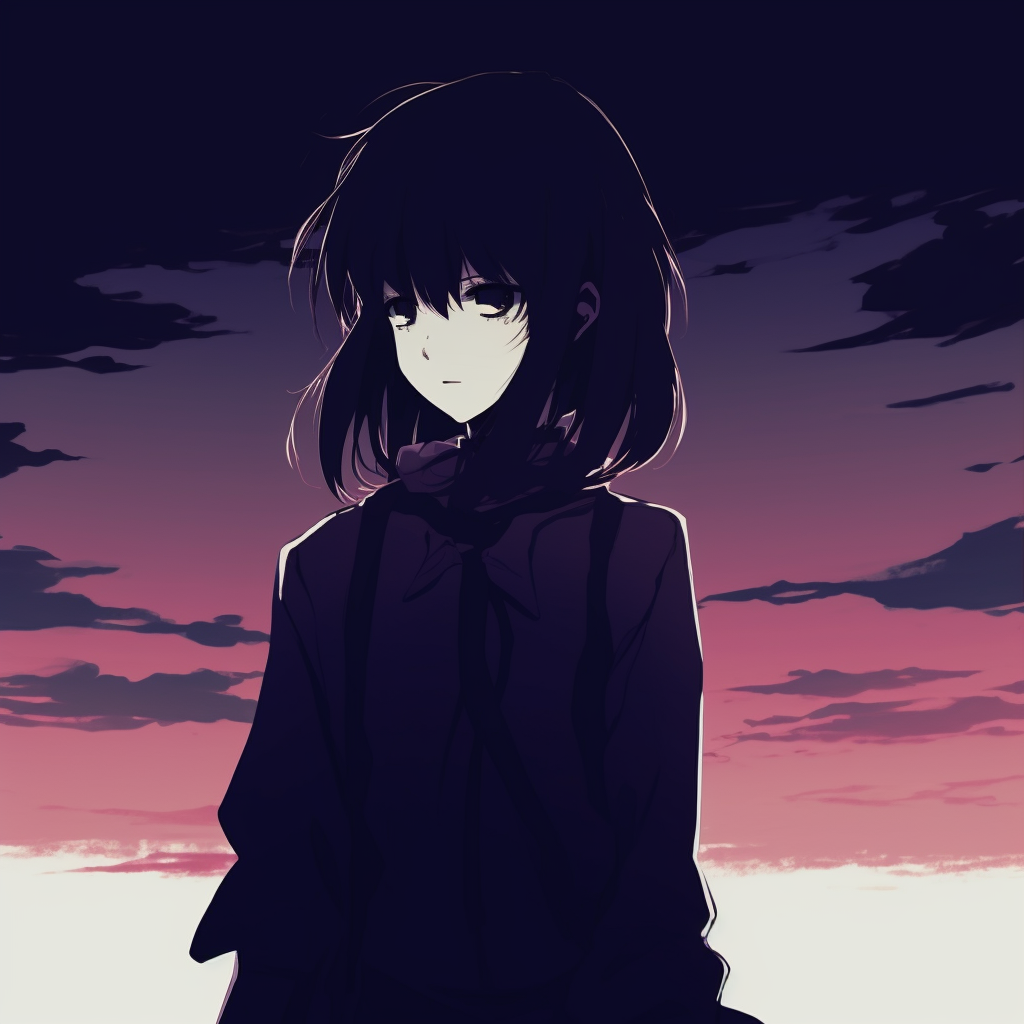 Image of an anime girl in silhouette, with a focus on moody colors and an isolated background. depressed anime girl pfp collection pfp for discord.