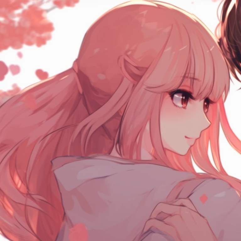 Two characters beneath blossoming sakura trees, one handing a flower to the other, styled in soft pastel colors. couple match pfp in art style pfp for discord.