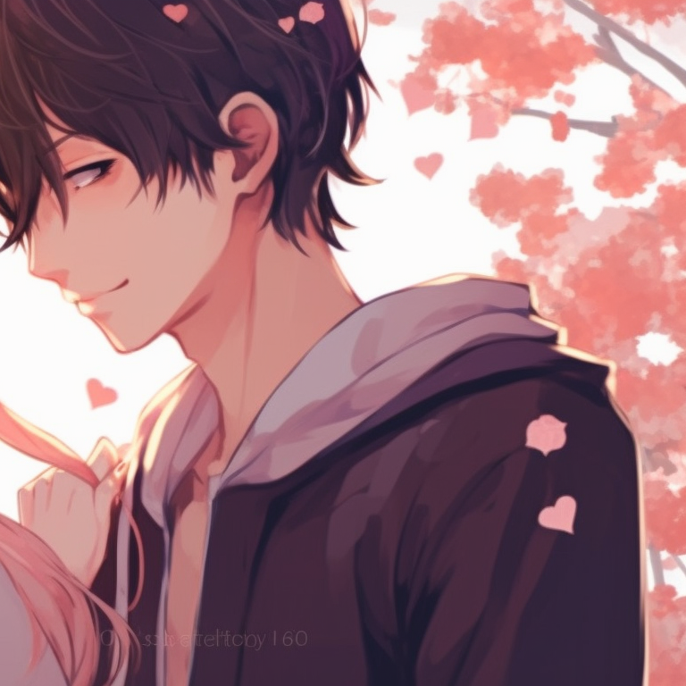 Two characters beneath blossoming sakura trees, one handing a flower to the other, styled in soft pastel colors. couple match pfp in art style pfp for discord.