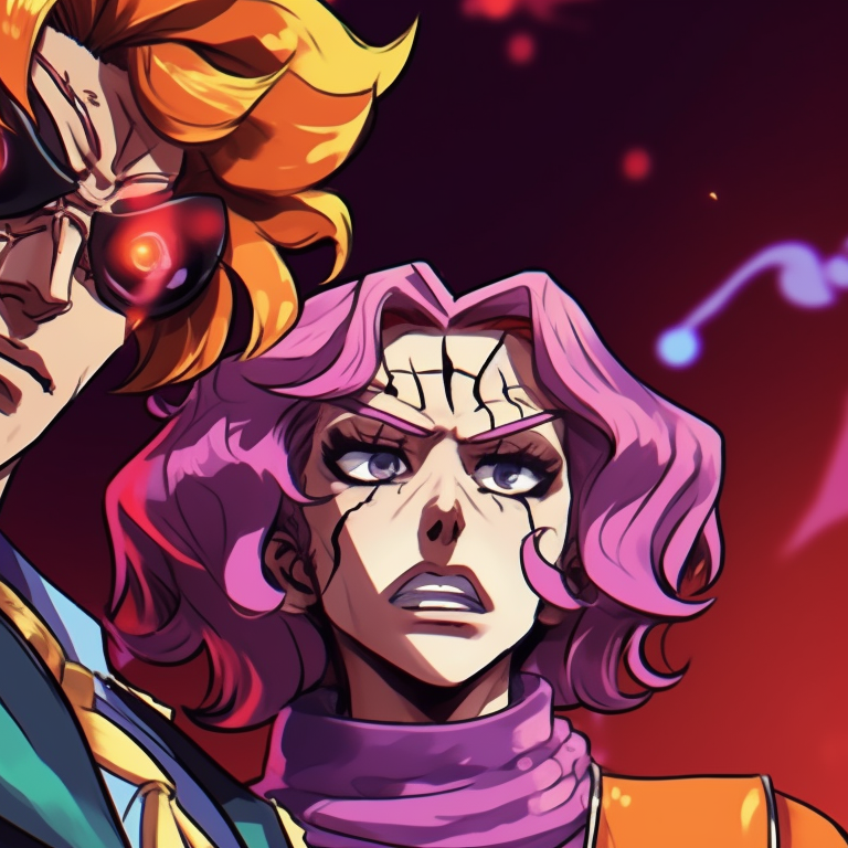 Two characters in contrasting outfits, sharp features and eerie expressions, set against a dark nightscape. jjba themed halloween matching pfp pfp for discord.