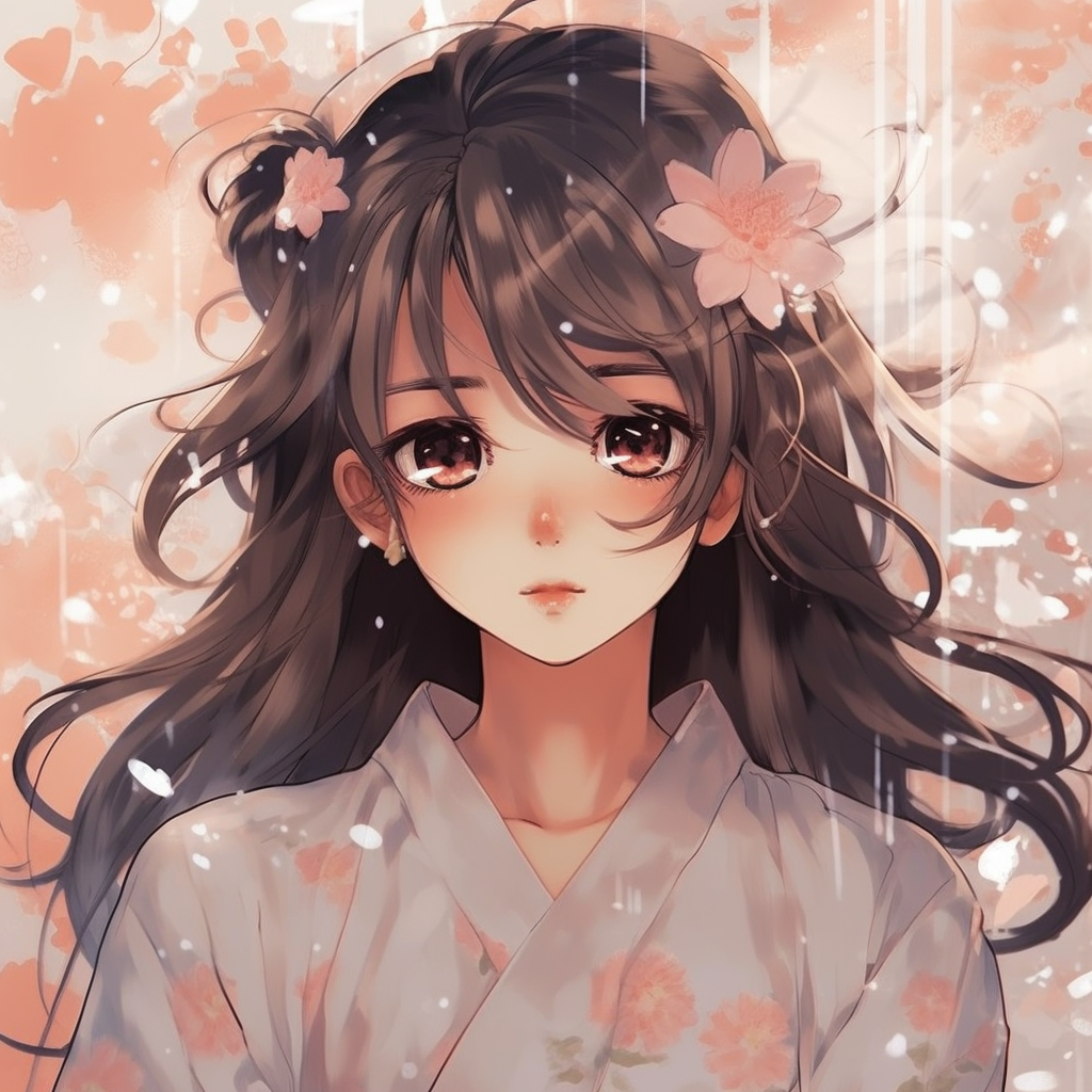 A serene girl in a pink, flower patterned kimono, soft pastel colors and delicate shading. trendy aesthetic cute anime pfp pfp for discord.
