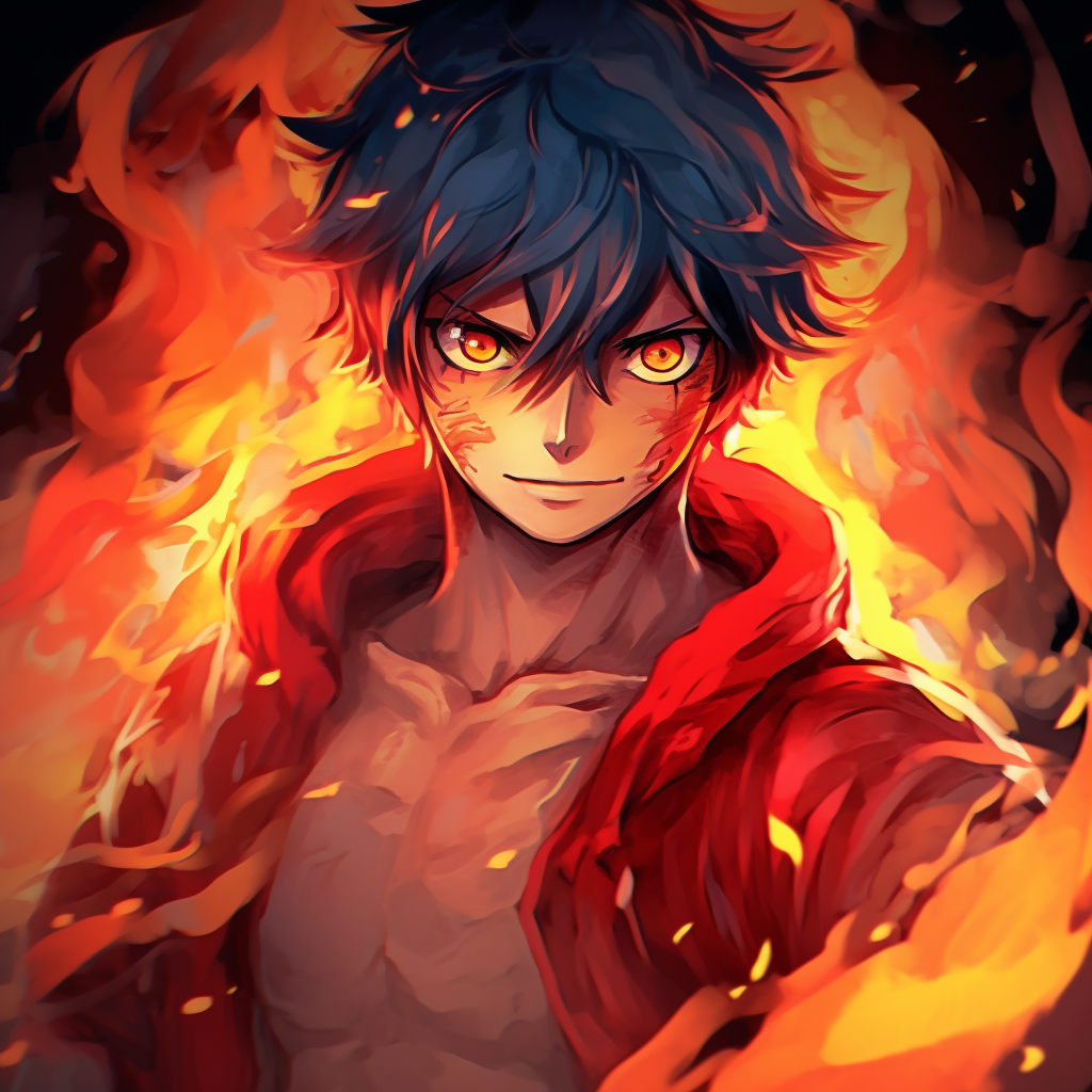 Anime character channeling fire, use of unique textures and saturated colors. top fire anime pfp
