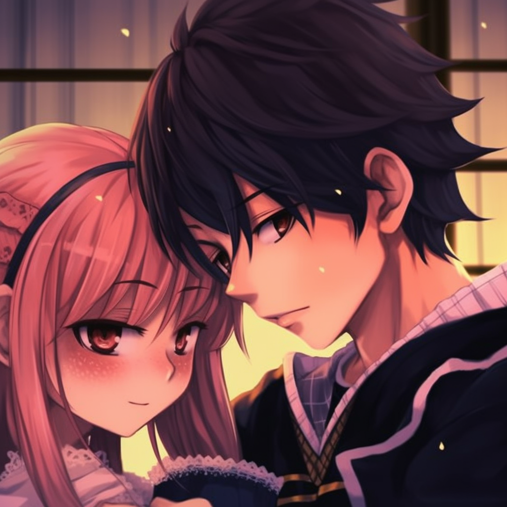 Natsu and Lucy in a romantic pose, emphasizing their character dynamics and the artist's use of soft lines. adorable anime couples matching pfp