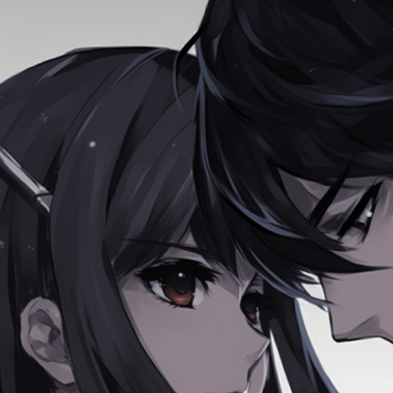 Two characters, intense stare into each other's eyes, propped against a starry backdrop. anime matching pfp for couples pfp for discord.