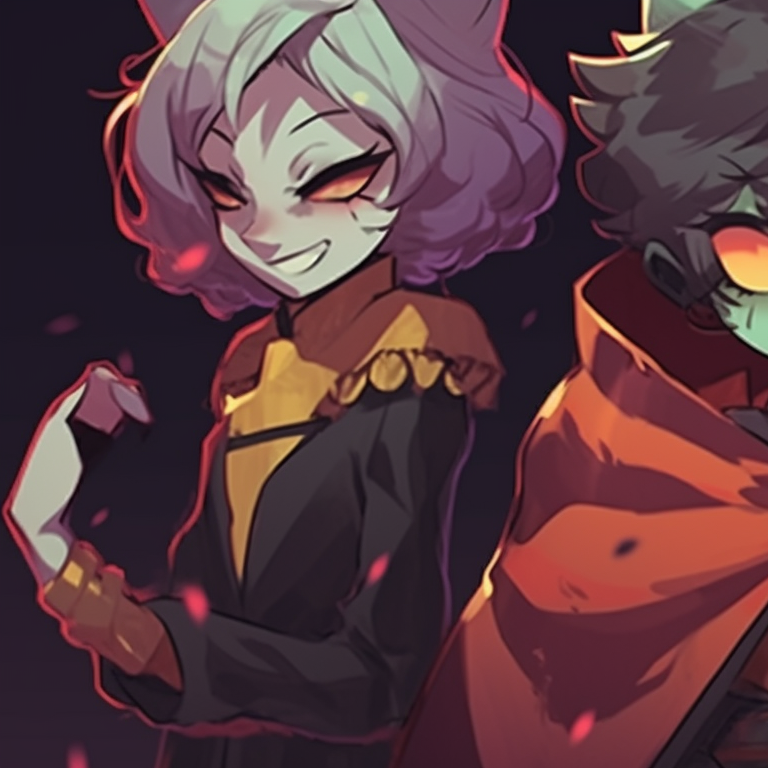 Three anime characters, sporting frightening looks, features detailed spooky elements, arranged in a huddle. trio pfp for halloween pfp for discord.