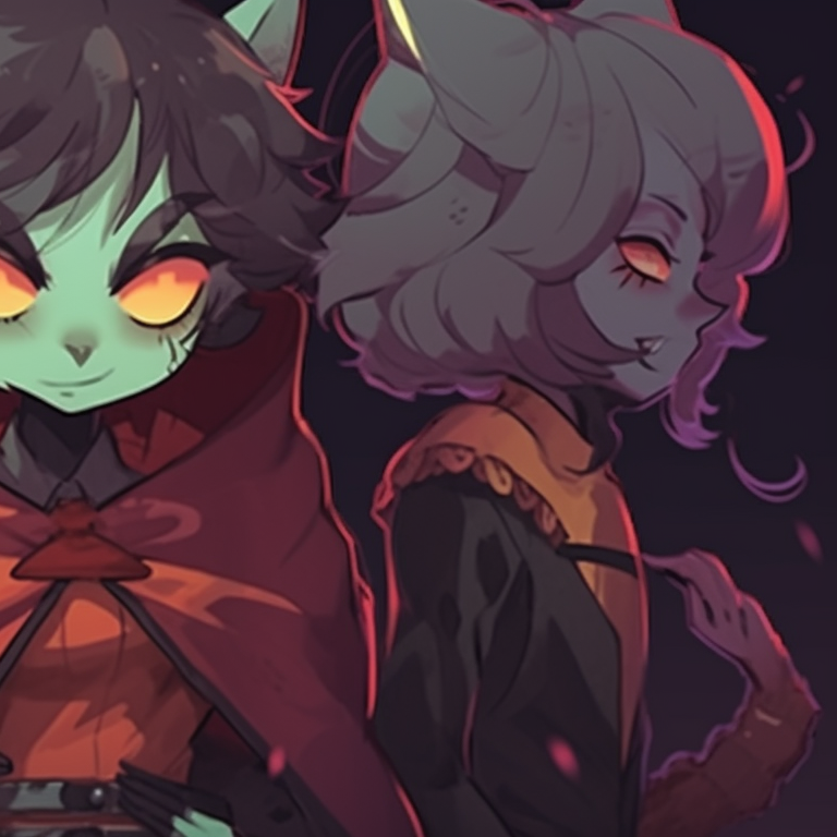 Three anime characters, sporting frightening looks, features detailed spooky elements, arranged in a huddle. trio pfp for halloween pfp for discord.