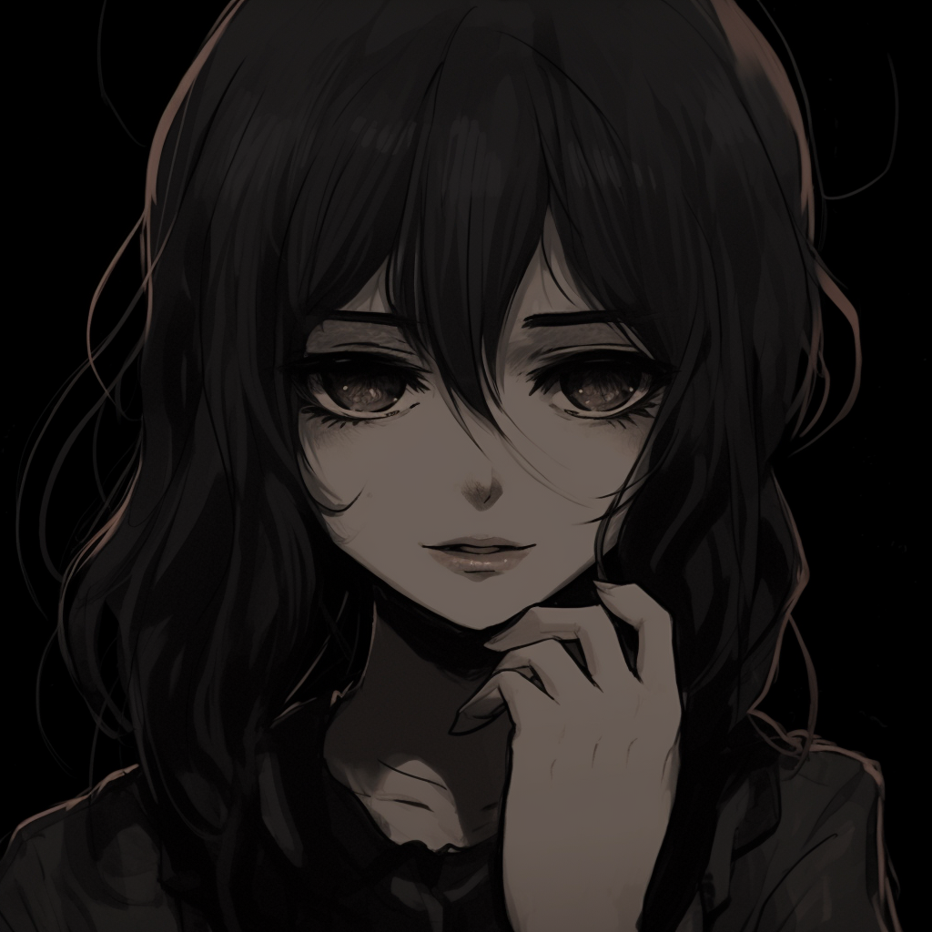 Profile picture of a female anime character, rich dark tones and shadowed facial features. anime pfp dark aesthetic for females pfp for discord.