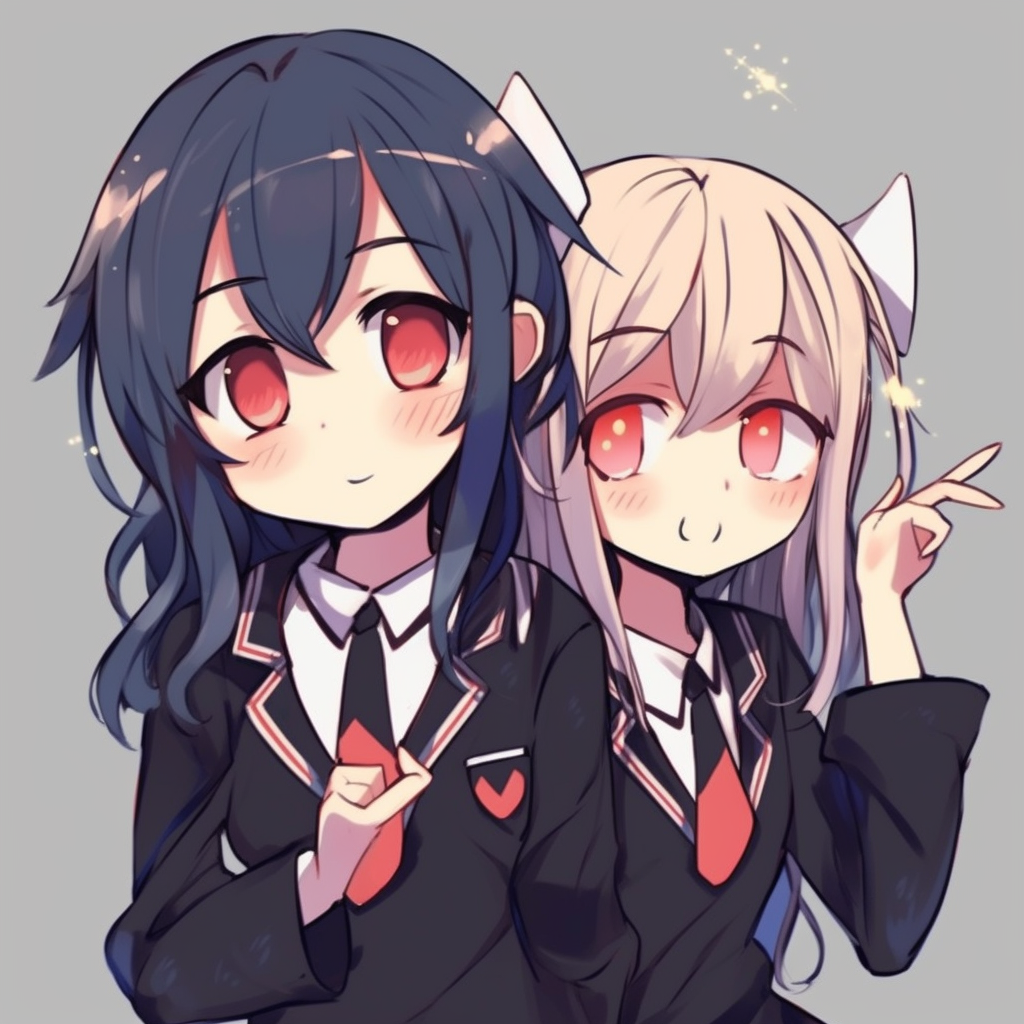 Two kawaii anime style characters wearing school uniforms, high contrast and fine details. adorable matching anime pfp for best friends