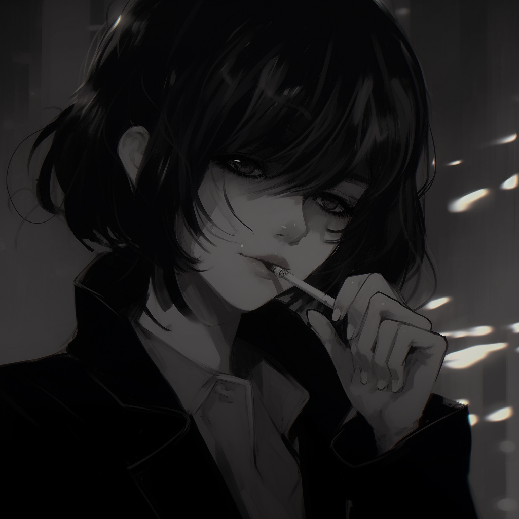 A noir-inspired anime profile picture, focusing on a smoky texture and low-key lighting. anime pfp dark aesthetic for females pfp for discord.
