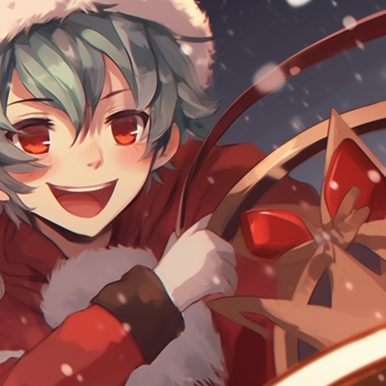 Two characters, sharing a festive song, with soft, warm tones and matching scarves. creative matching christmas aesthetic pfp pfp for discord.