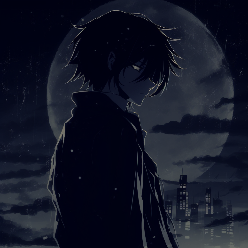 Nocturnal anime protagonist, displaying the subtle interplay of dark shades and subdued light reflections, emphasizing his silhouette and key features. darkness anime pfp characters pfp for discord.