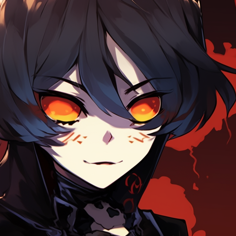 Profile of two characters, shrouded in shadow, with glowing eyes enhancing the spooky mood. halloween anime pfp designs pfp for discord.
