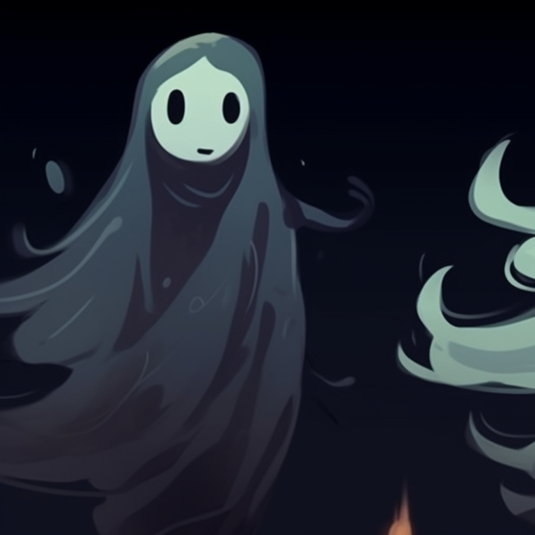 Two ghost characters, interlocking gazes with hollow eyes, spooky background. animated ghost for halloween theme pfp for discord.
