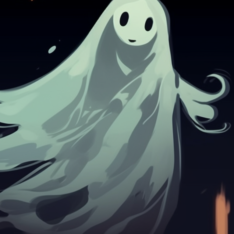 Two ghost characters, interlocking gazes with hollow eyes, spooky background. animated ghost for halloween theme pfp for discord.