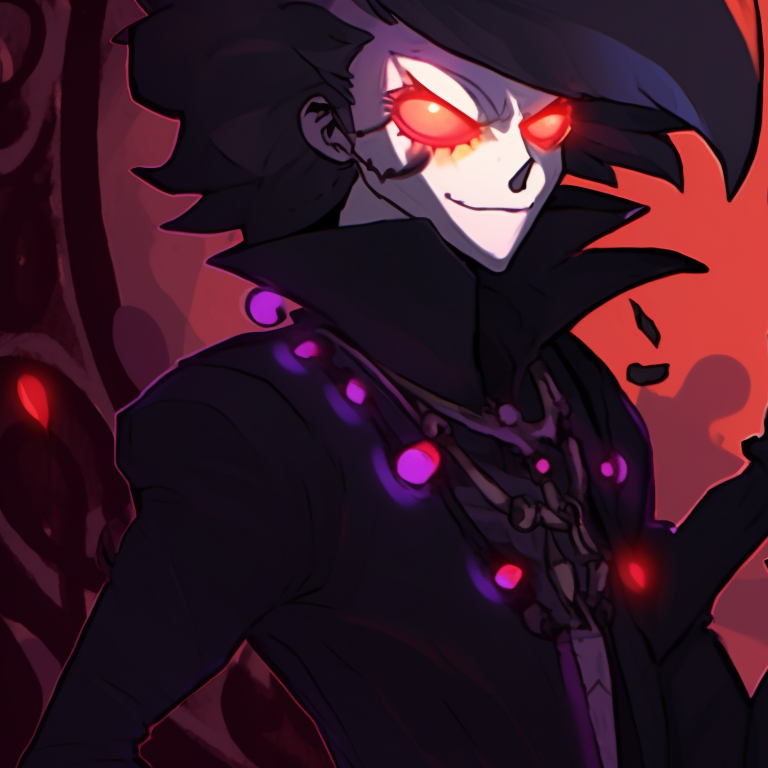 Stolas and Blitzo in costumes, dark palette with hints of orange and purple. helluva boss halloween matching pfps pfp for discord.
