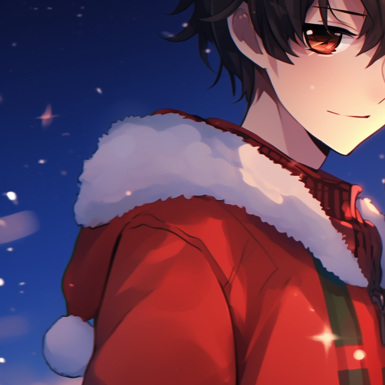 Two characters under falling snow, sparkling highlights and a dreamy atmosphere. gorgeous matching christmas pfp anime pfp for discord.