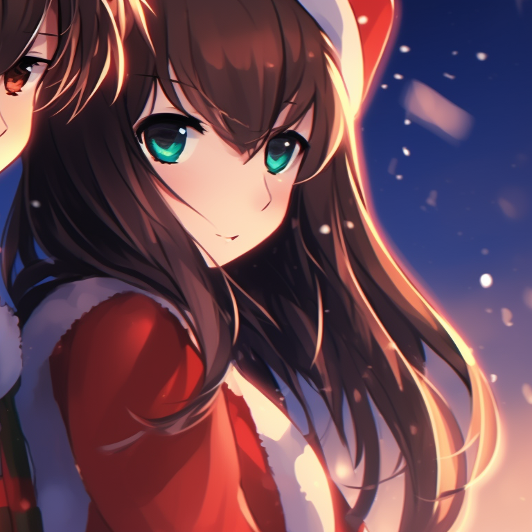 Two characters under falling snow, sparkling highlights and a dreamy atmosphere. gorgeous matching christmas pfp anime pfp for discord.