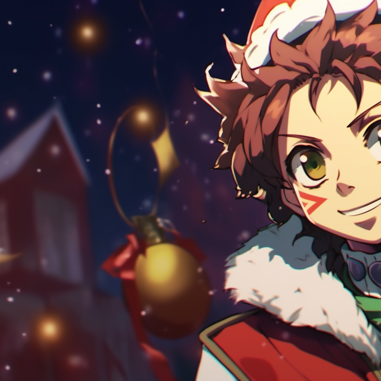 Two characters in holiday gear surrounded by festive lights, detailed ornamentation, and warm colors. demon slayer christmas wallpapers pfp pfp for discord.
