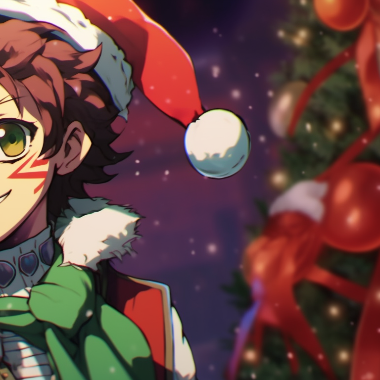 Two characters in holiday gear surrounded by festive lights, detailed ornamentation, and warm colors. demon slayer christmas wallpapers pfp pfp for discord.
