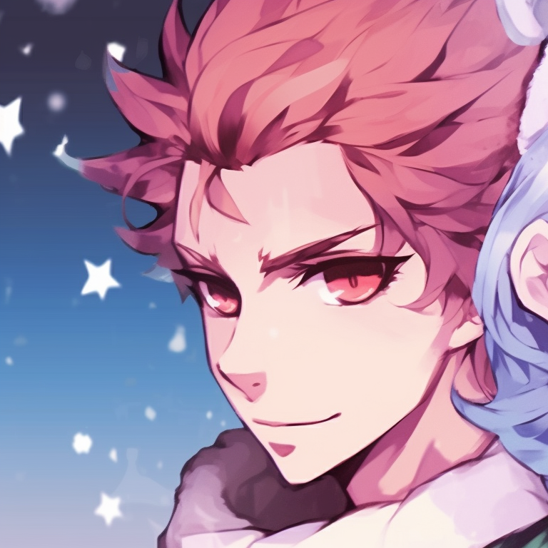 Two characters, playful vibe, bright colors and Christmas ornaments in the background, anime christmas demon slayer pfps pfp for discord.