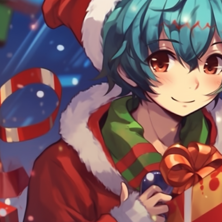 Two characters exchanging Christmas presents, youthful joy captured in their eyes, with red and gold wrapping papers adding to the color festival. iconic matching christmas art pfp pfp for discord.