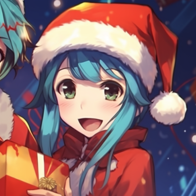 Two characters exchanging Christmas presents, youthful joy captured in their eyes, with red and gold wrapping papers adding to the color festival. iconic matching christmas art pfp pfp for discord.