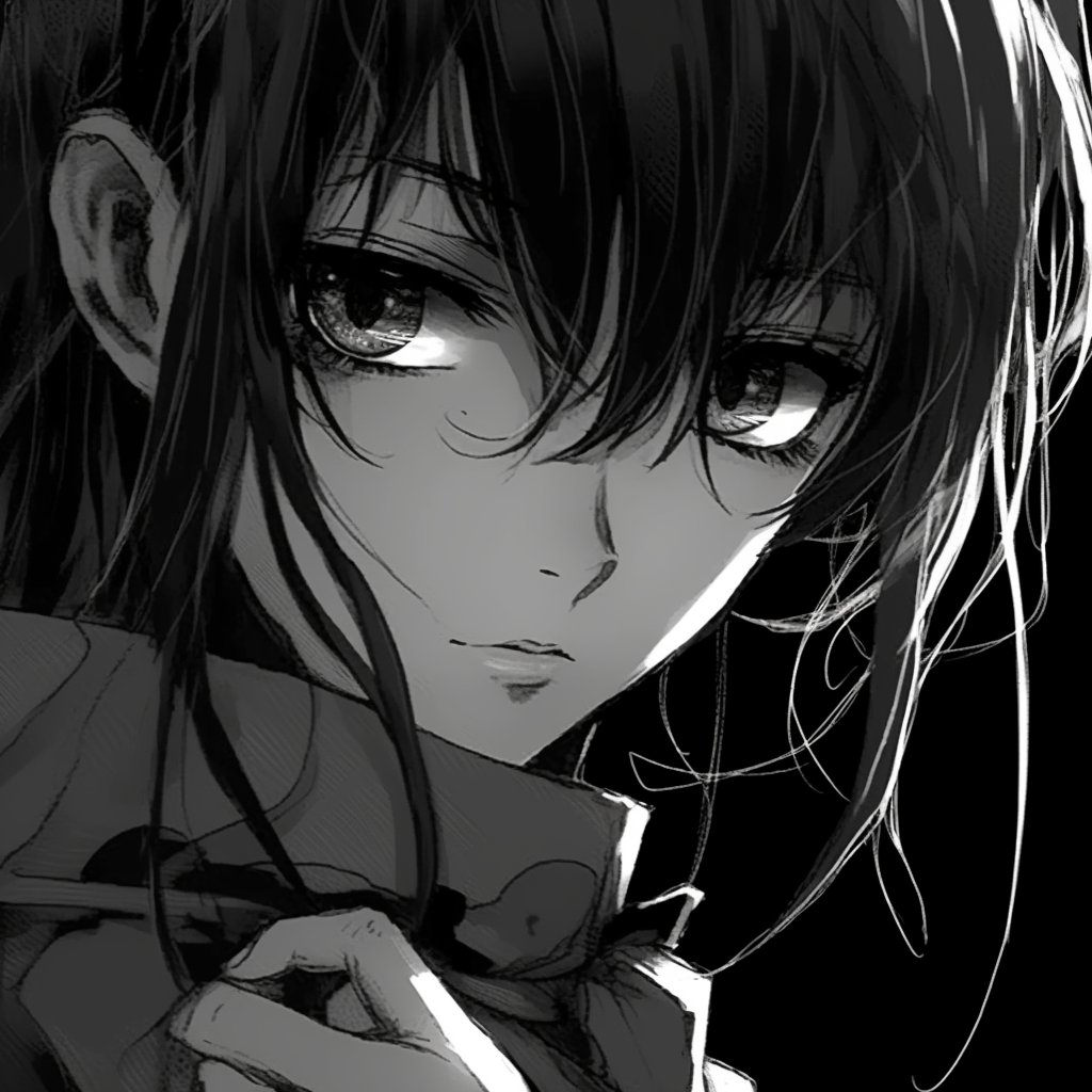 An anime character gazing intently, monochrome hues enhancing the depth. creative black and white anime pfps