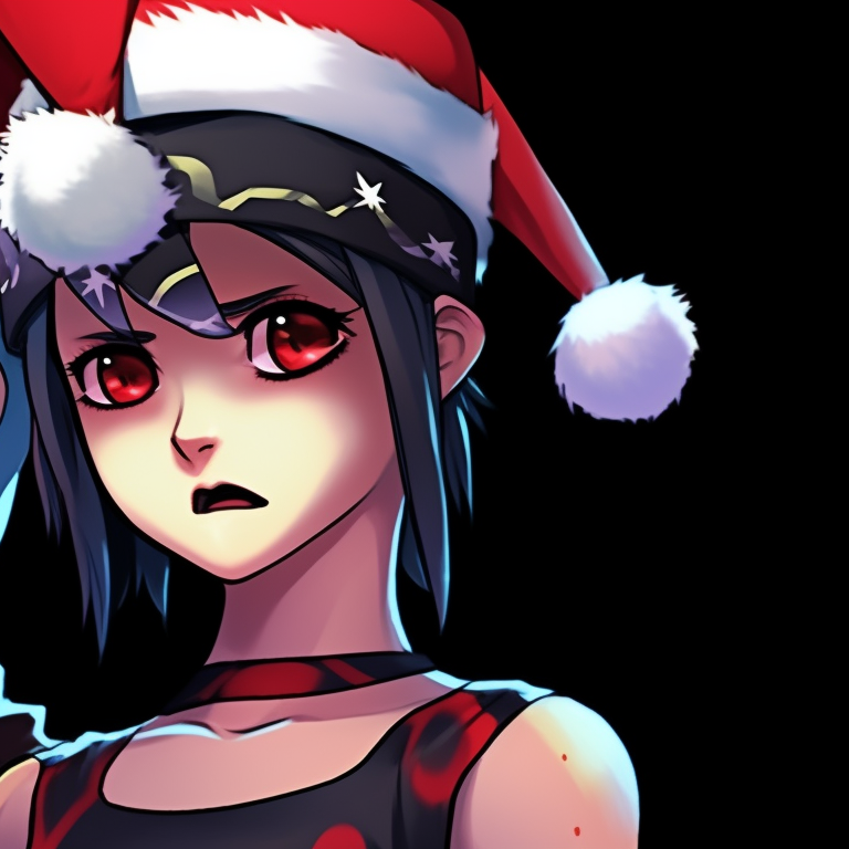 Two characters, one laughing, the other scowling, holiday decor in the background, sharp lines and vibrant colors. punk rock christmas profile pictures pfp for discord.