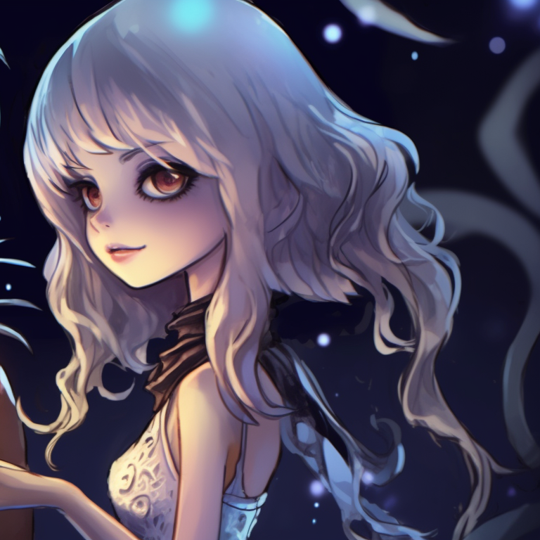 Two characters amidst a sea of candles, glowing eerily as they exchange Christmas gifts. elegant matching spooky christmas pfp for loved ones pfp for discord.