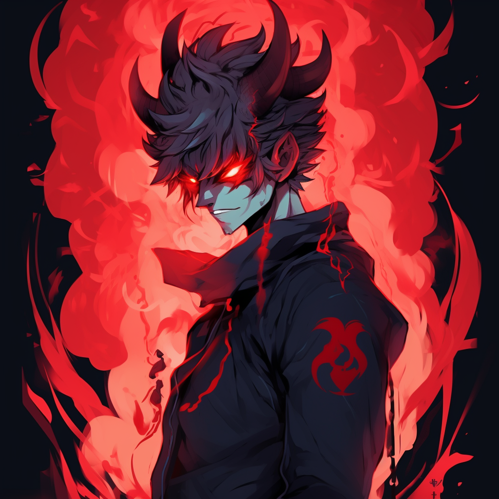 Close-up of a demon's fiery eyes and dishevelled hair, high contrast and fine details. unique demon anime pfp pfp for discord.