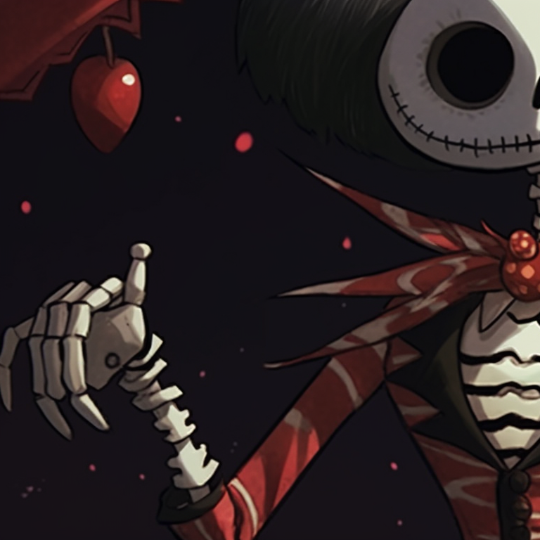 Two skeleton characters extensively dressed in festive clothing, with bold colors and distinct anime style. cute skeleton matching christmas pfp pfp for discord.
