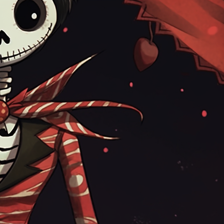 Two skeleton characters extensively dressed in festive clothing, with bold colors and distinct anime style. cute skeleton matching christmas pfp pfp for discord.