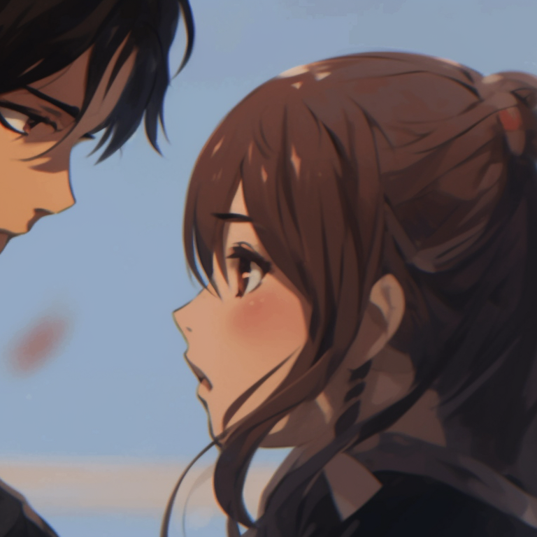 Two characters in shadowy hues, sharing whispers, focus on intricate detail in expressions. secretive matching gif pfp pfp for discord.