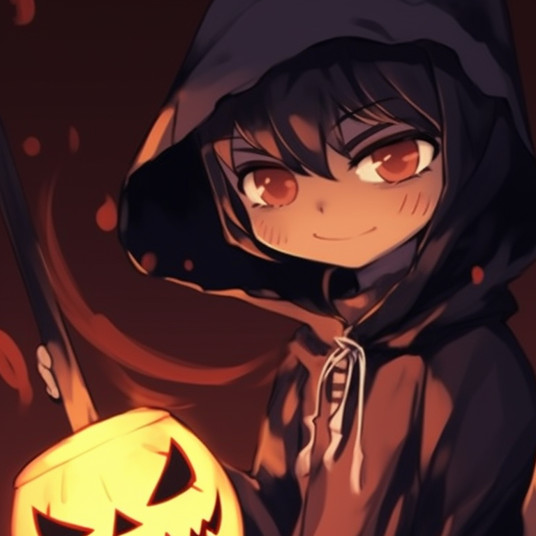 Two characters with glowing pumpkin motifs, unsettling shading and stark contrasts. halloween matching pfp in pop culture pfp for discord.