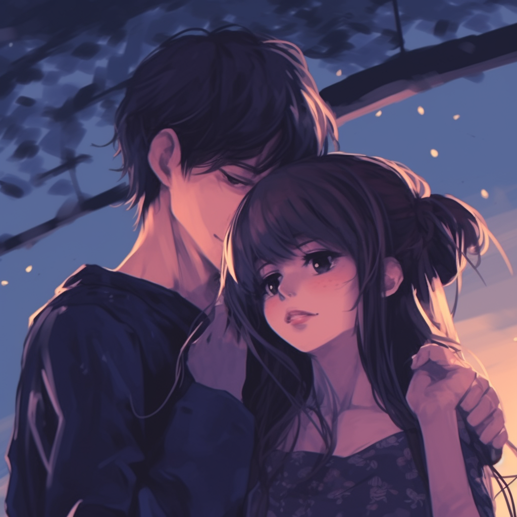 Anime couple in a nighttime environment, beautiful starry sky in the background. premium anime pfp couple aesthetic pfp for discord.