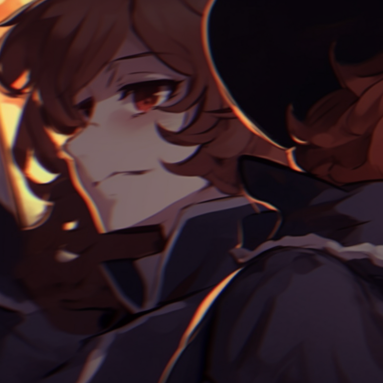Dazai and Chuuya in bewitching outfits with Halloween accessories, color palette tending towards deep purples and blacks. Their poses mirror each other, accentuating their status as counterparts. dazai chuuya halloween pfp pfp for discord.