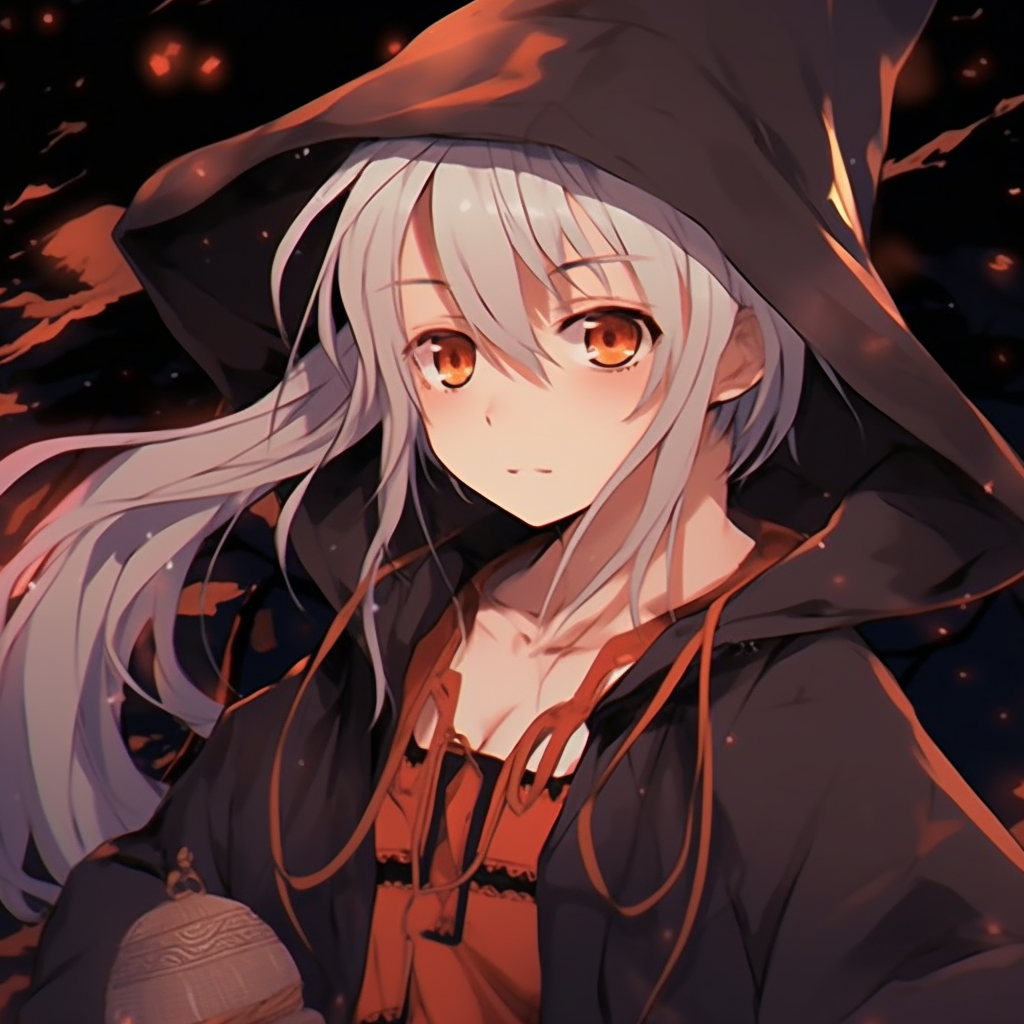 An anime boy dressed as a witch, vivid blacks and purples, and detailed costume. halloween pfp anime boys