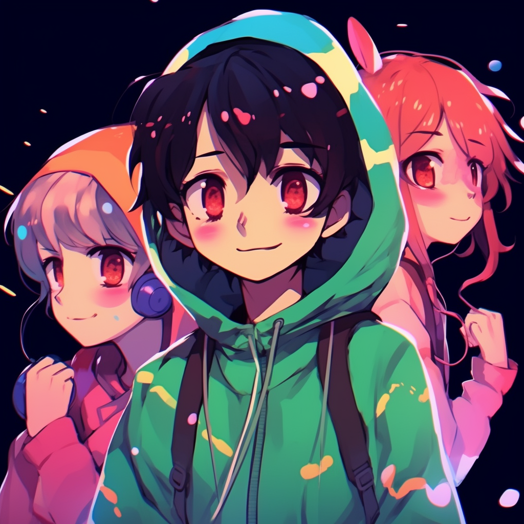 Close-up of chibi sibling characters, showcasing neon accents and amusing expressions. anime 3 matching pfp aesthetics