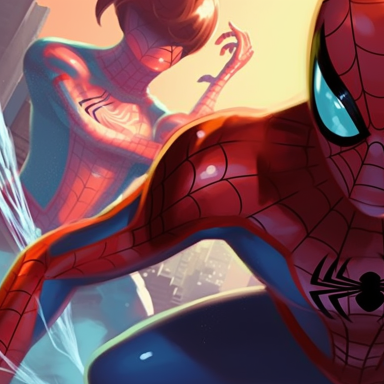 Spiderman trio in high action poses, detailed costumes and dramatic shadows. spiderman trio matching pfp pfp for discord.