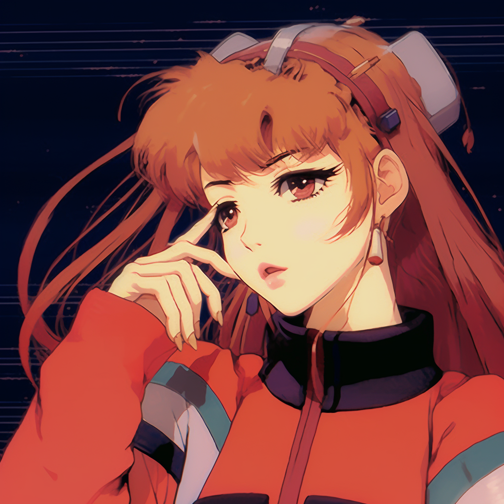 Asuka in a dynamic battle-ready pose, high energy lines and assertive colors 90s anime characters pfp