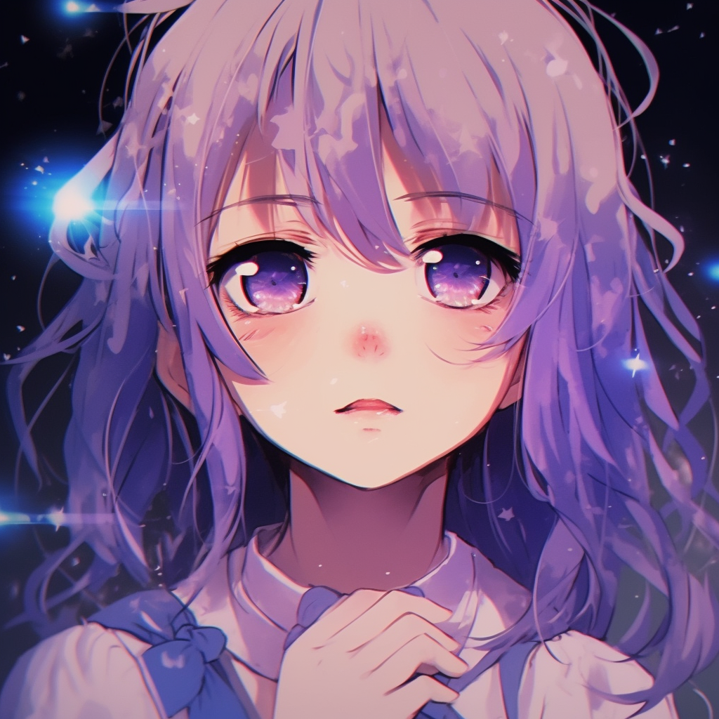 An anime girl seemingly lost in the cosmos, with stars reflected in her eyes and detailed hair highlights. lovely girls in aesthetic anime pfp pfp for discord.