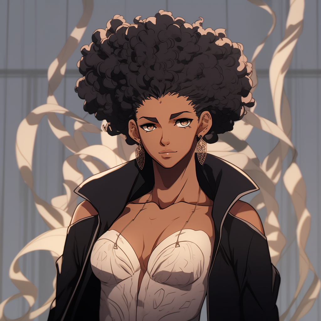 Trendy black anime queen with a stunning tiara and gown, exuding elegance. glamorous female black anime characters pfp