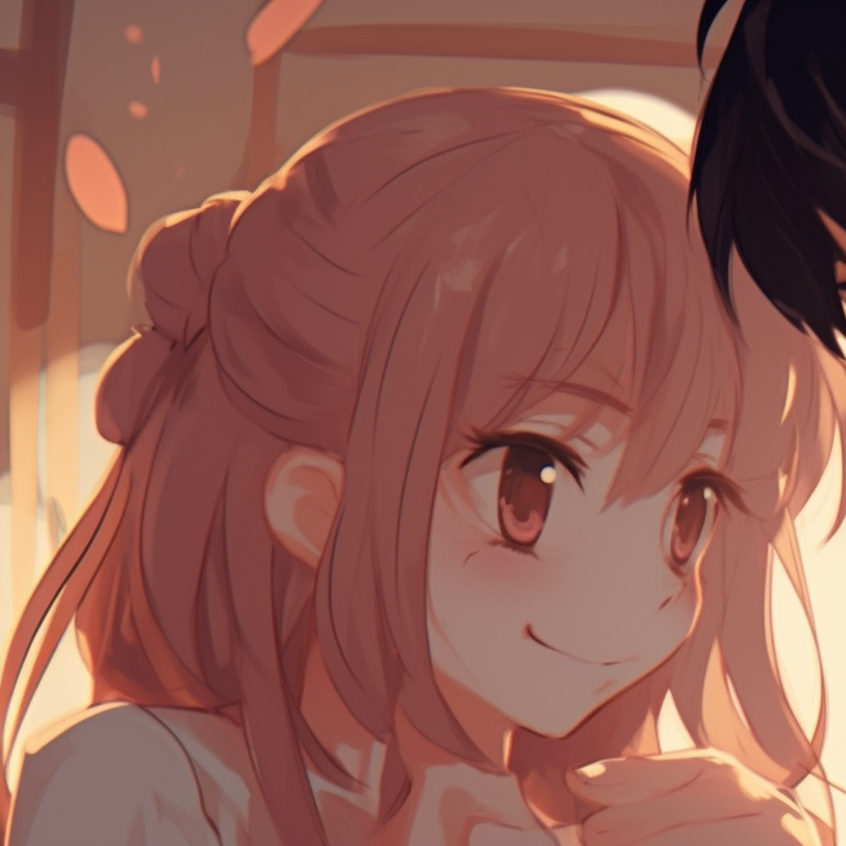 Two characters, vintage anime style, soft glow, sharing a laugh. anime couples matching pfp with cool art styles pfp for discord.