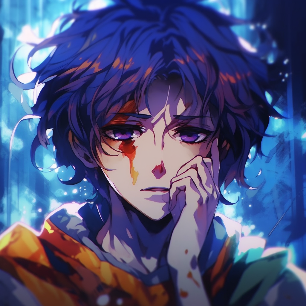 Profile picture of a sorrowful male anime character, utilizing in grays and blues to evoke sadness. crying male anime pfp pfp for discord.