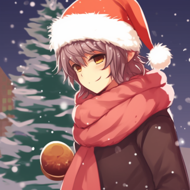 Two characters bundled up in winter attire, standing amidst a snowy landscape, with soft light in the background. trendy matching christmas pfp background designs pfp for discord.