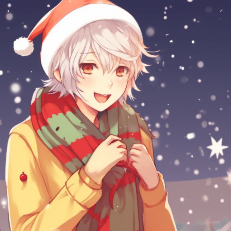 Two characters bundled up in winter attire, standing amidst a snowy landscape, with soft light in the background. trendy matching christmas pfp background designs pfp for discord.