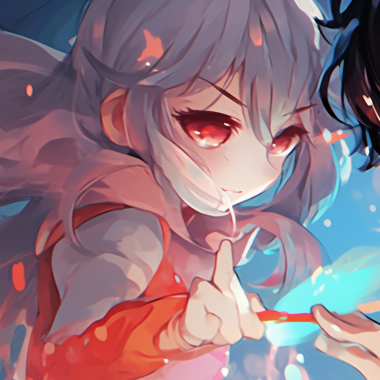 Two young characters, laughing poses, mixed hues of background, modern anime style cute matching pfp in anime genre pfp for discord.
