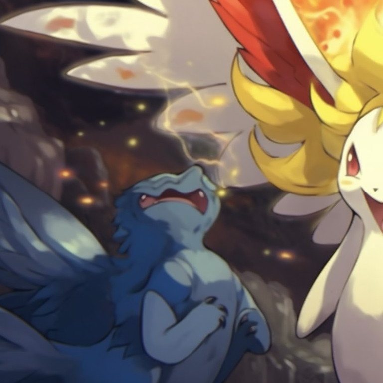 Legendary Pokemon Mewtwo and Mew, contrasting hues of purple and pink, levitating in a harmonious encounter. top-quality pokemon matching pfp pfp for discord.