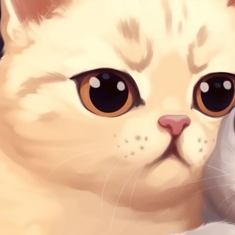 Two characters in fluffy cat form, soft hues and blush expressions. cute cat matching pfp designer pfp for discord.