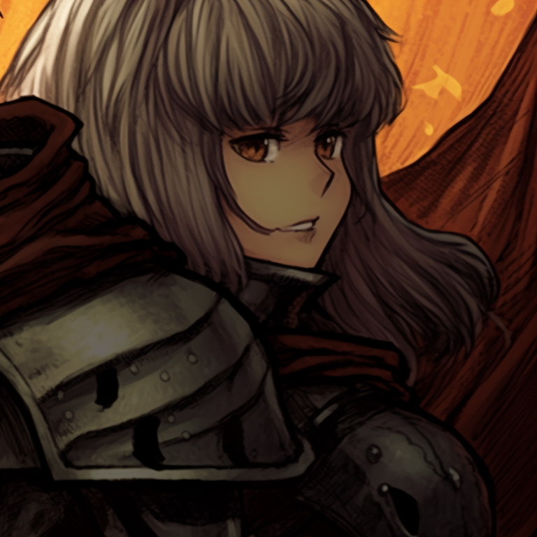 orange pumpkin and Casca sharing a quiet moment, soft lighting, in ghost and ghoul costumes berserk characters in halloween outfits pfps pfp for discord.